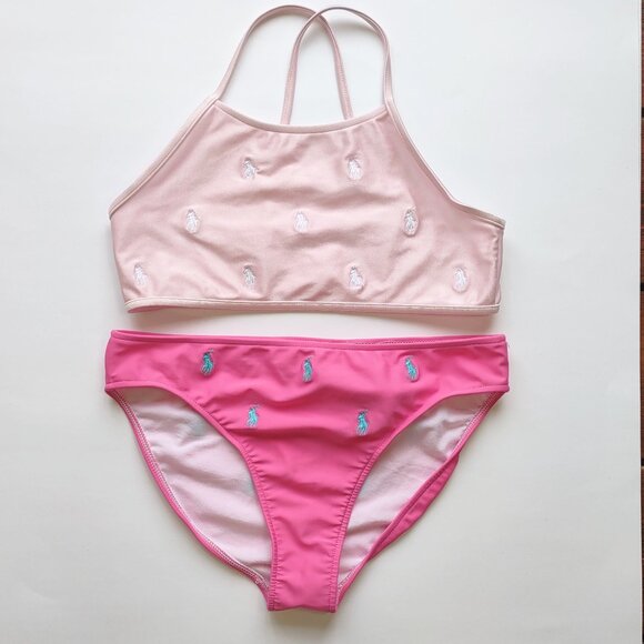 Polo Ralph Lauren Girl's 2 Pc Bikini Pink w/ White & Blue Pony Lined Size 14 EUC - Picture 2 of 9